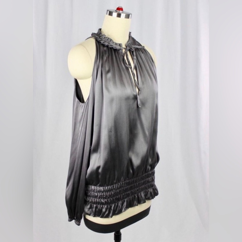 RAMY BROOK Jamie Grey Silk Charmeuse Pleated Cold Shoulder Blouse Top, Size S